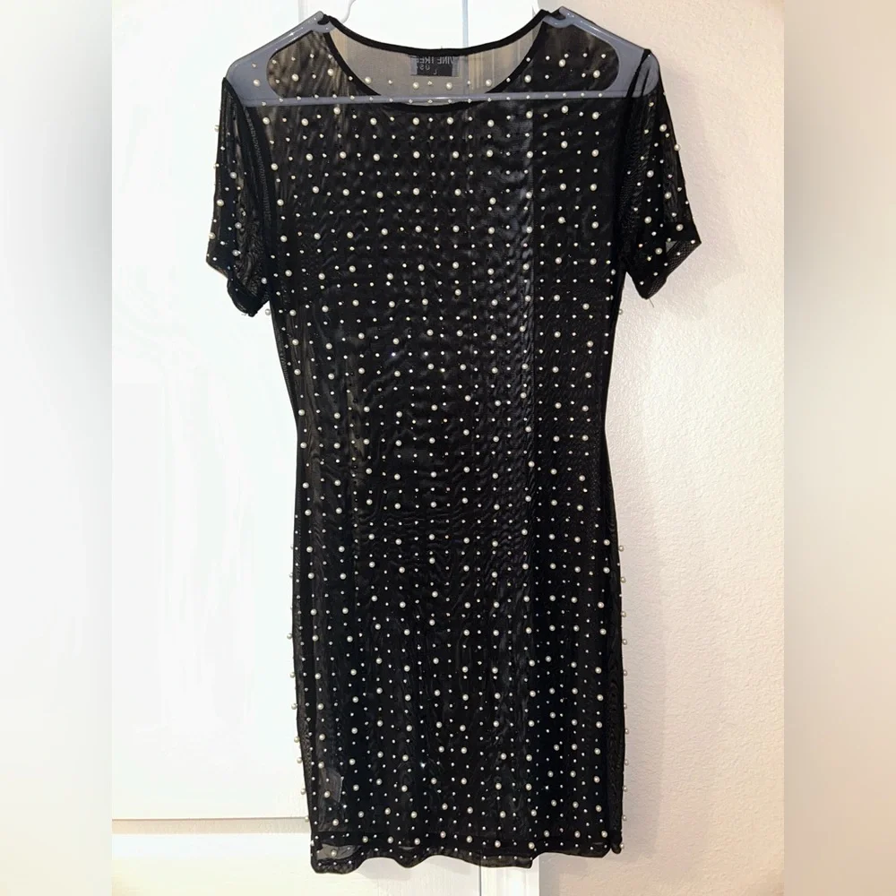 NWOT Elegant Black Sheer Dress with Pearl Detail - Picture 3 of 5